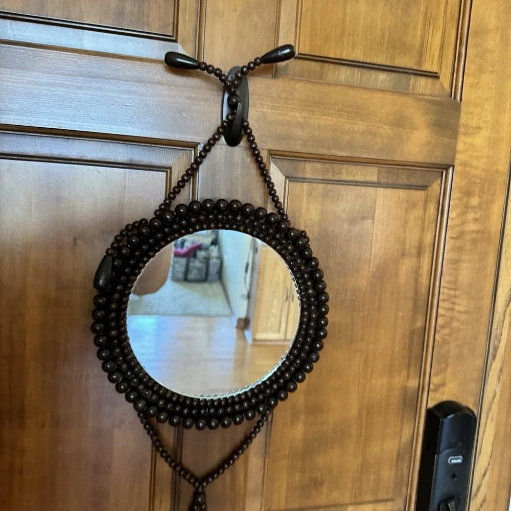 Vintage Hanging Wooden Beaded Round Mirror 1970s Boho Chic Eclectic Accent Wall